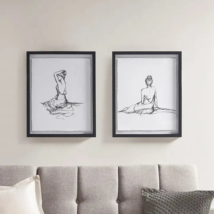 Feminine Figure Sketch Wall Decor Framed Art 2-PIece Set
