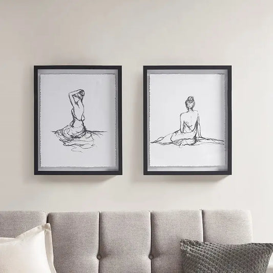 Feminine Figure Sketch Wall Decor Framed Art 2-PIece Set